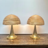 VL-154 Pair of Vintage Brass Table Lamps with Cane Shades