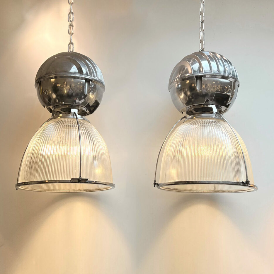 VL-144 Pair of Important Ribbed Prismatic Glass & Polished Aluminum Pendants